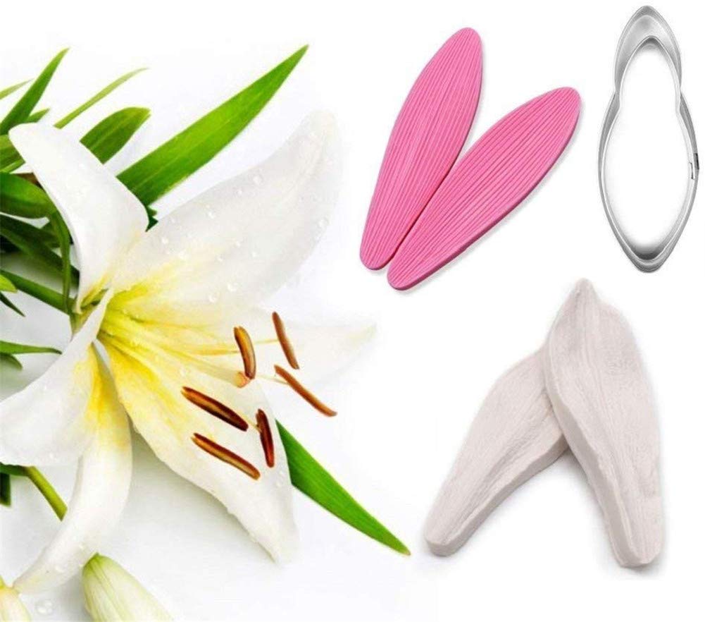 Dubens Pink Lily Flower Petal Veiner & Cutter Silicone Mould Fondant Mould Cake Decorating Tools Chocolate Gumpaste Sugarcraft Mould