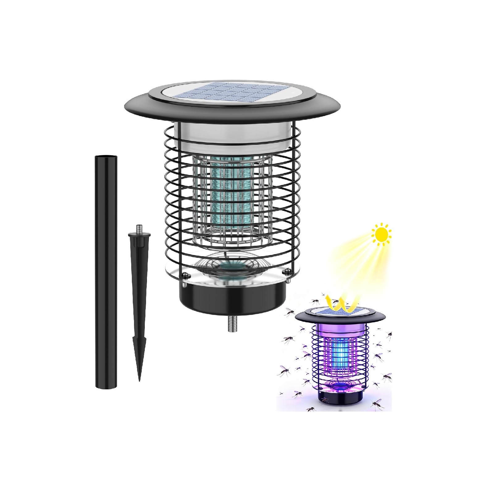 Elektrischer Insektenvernichter Solar 3500V, Insektenfalle Mückenlampe mit 150m² Reichweite, UV-Lampe, IPX5 Wasserdicht, 4400mAh Akku, 12-15h Dauerbetrieb, Effiziente Insektenvernichtung für Garten