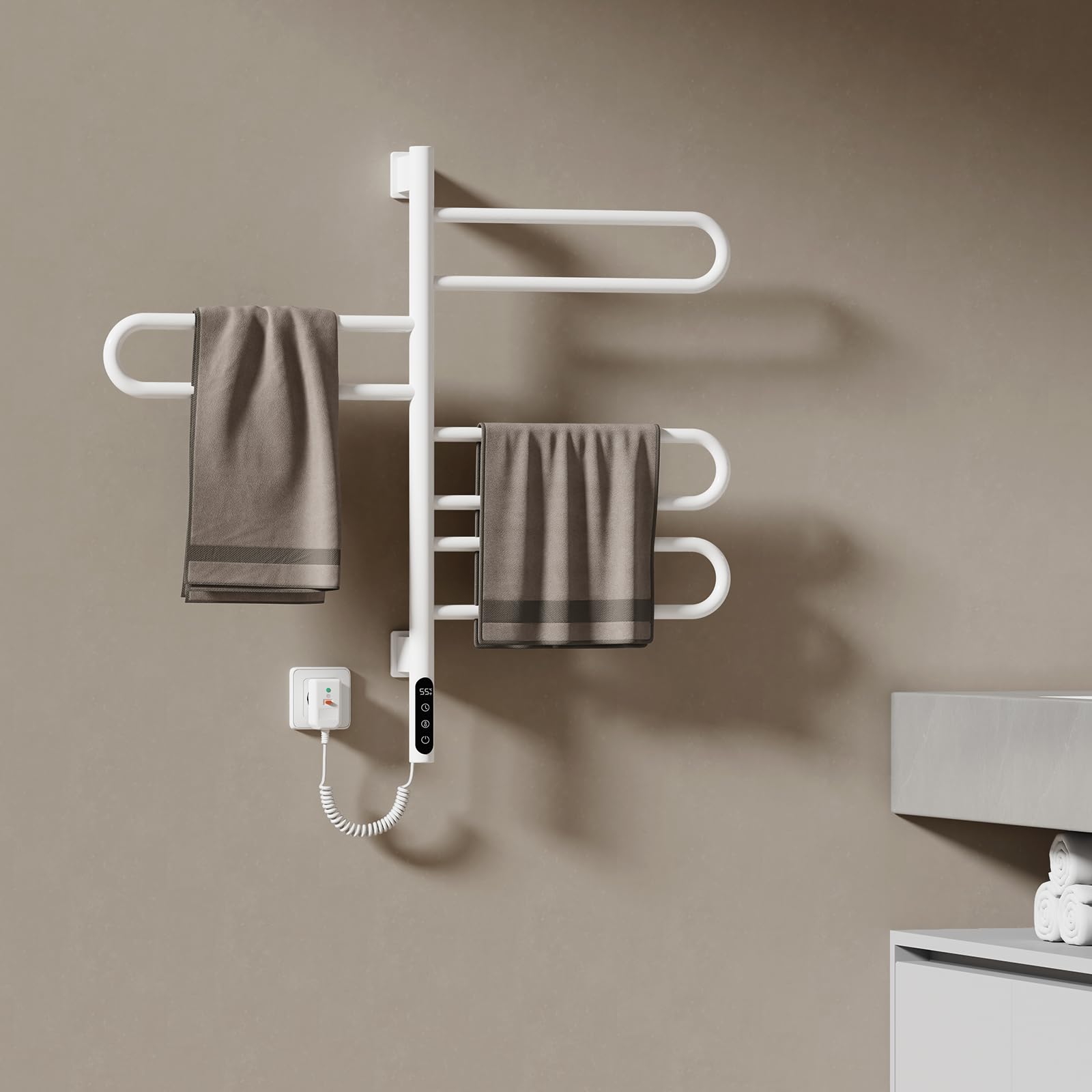 EMKE Radiador de Toallas Eléctrico 78 x 43 cm, Termostato Inteligente WiFi, Radiador Eléctrico para Baño, Calentador de Toallas Eléctrico, Blanco, 170W