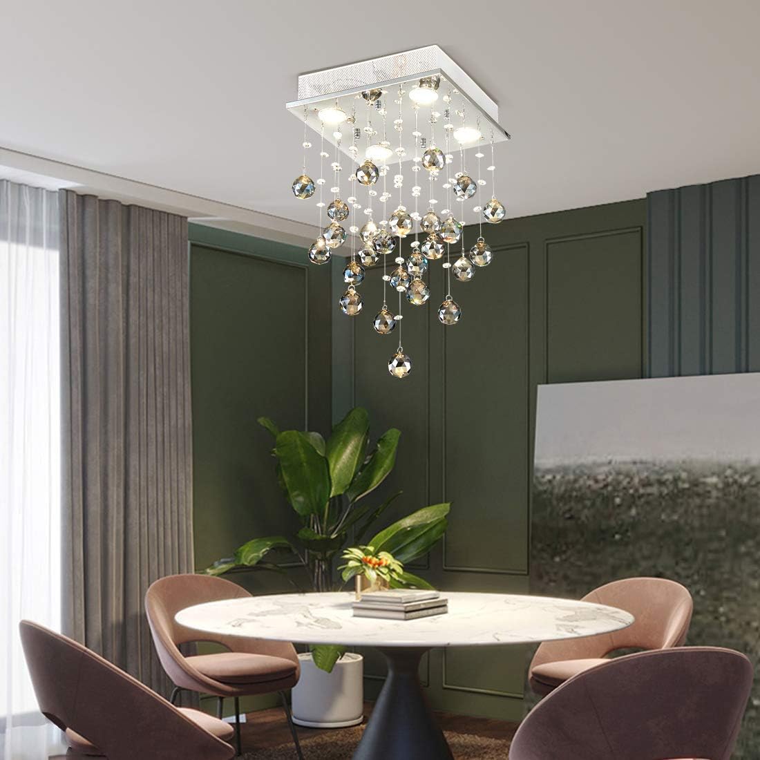 Grеаtеѕt Prоduсt TZOE Black Crystal Chandelier,Mini Modern Chandelier,Flush Mount Light Fixture, Celling Light for Kitchen Foyer Dining Room Bedroom Living Room,4 GU10 LED Bulbs Required，L11.8 x W11.8 x H20.8