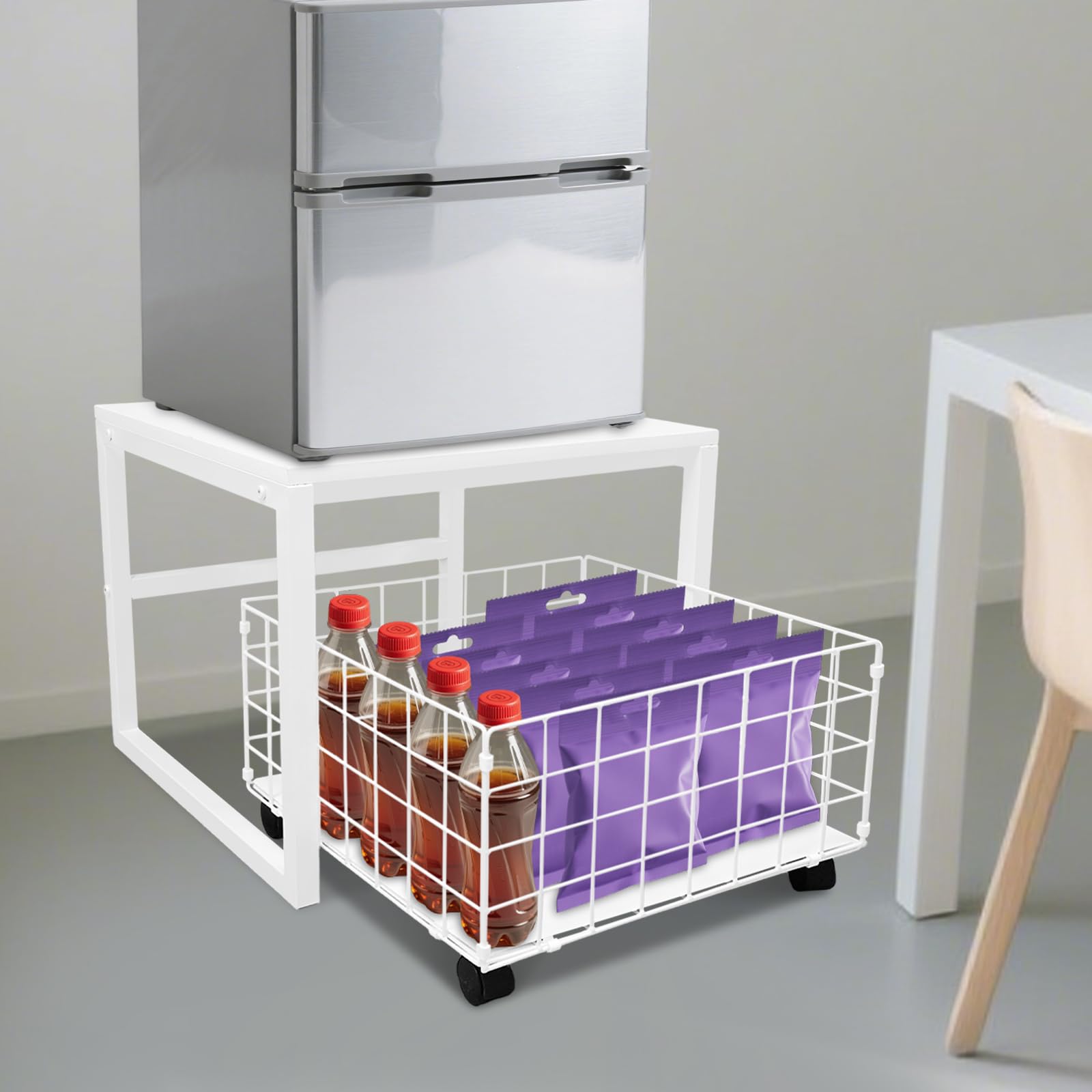 Soporte para frigorífico con cesta de red extensible, 50 x 50 x 43 cm, 50 kg, cesta de almacenamiento para oficina, salón, mesa auxiliar
