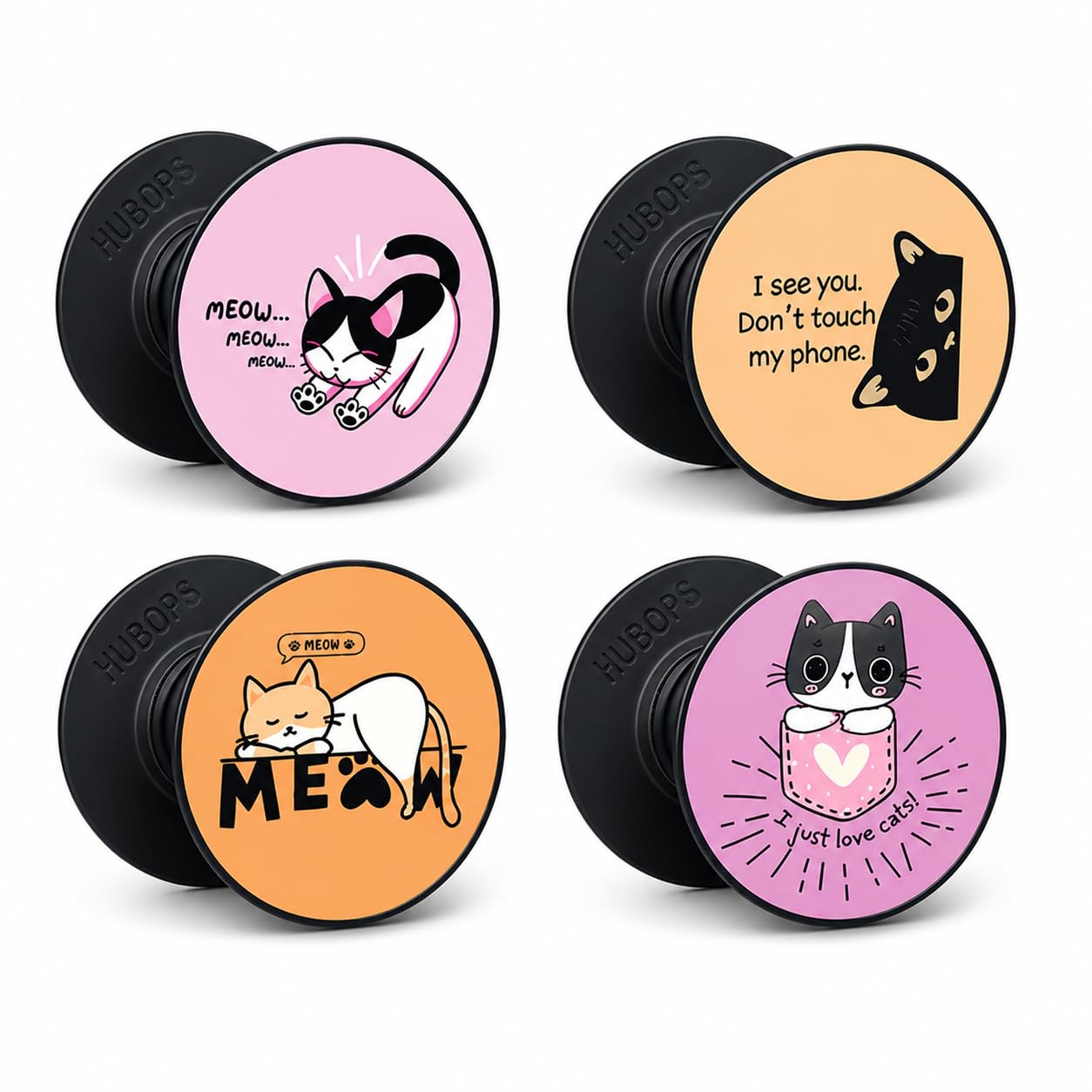 hubops Cat Phone Grips, Cute Cartoon Design Socket Pop Set of 4, Meow and Stay Awake Theme (combo2)-image-17