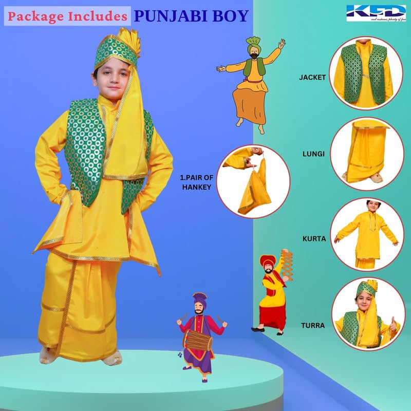 Image of Kaku Fancy Dresses Punjabi Boy Ethnic Costume for Kids - Yellow & Green Kurta Salwar & Turban Set | Indian State Fancy Dress for Boys (14-17 Years)