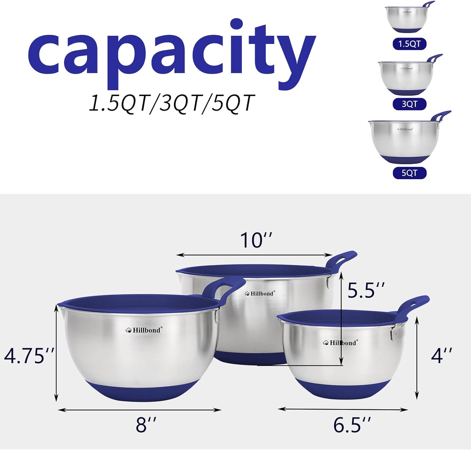 Hillbond Mixing Bowls with BPA Free Airtight Lids Stainless Steel Nesting Bowls with Pour Spout, Silicone Handle Non-Slip Bottoms for Baking, Dishwasher Safe Metal Bowls, 1.5, 3, 5 QT (Blue)