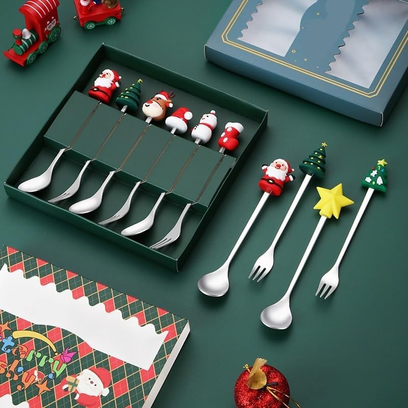 Silverware Flatware Set, 6/24/36/48/60/72pcs Creative Stainless Steel Tableware Christmas Spoon Gift Box Cartoon Christmas Tree Coffee Spoon Color Box Set(36 Pieces)