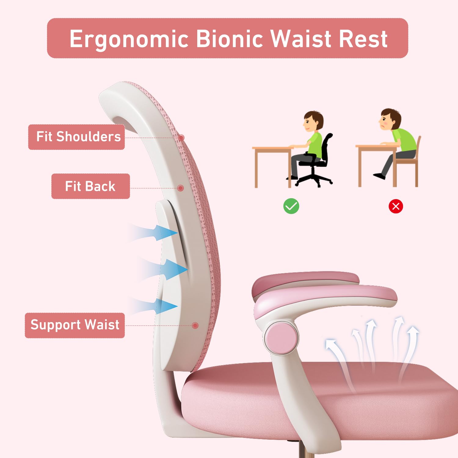Silla de escritorio para niños y niñas con reposabrazos ajustables, silla de escritorio para niños con ruedas, silla de computadora para niños, silla de estudio de oficina para niños (rosa) 5