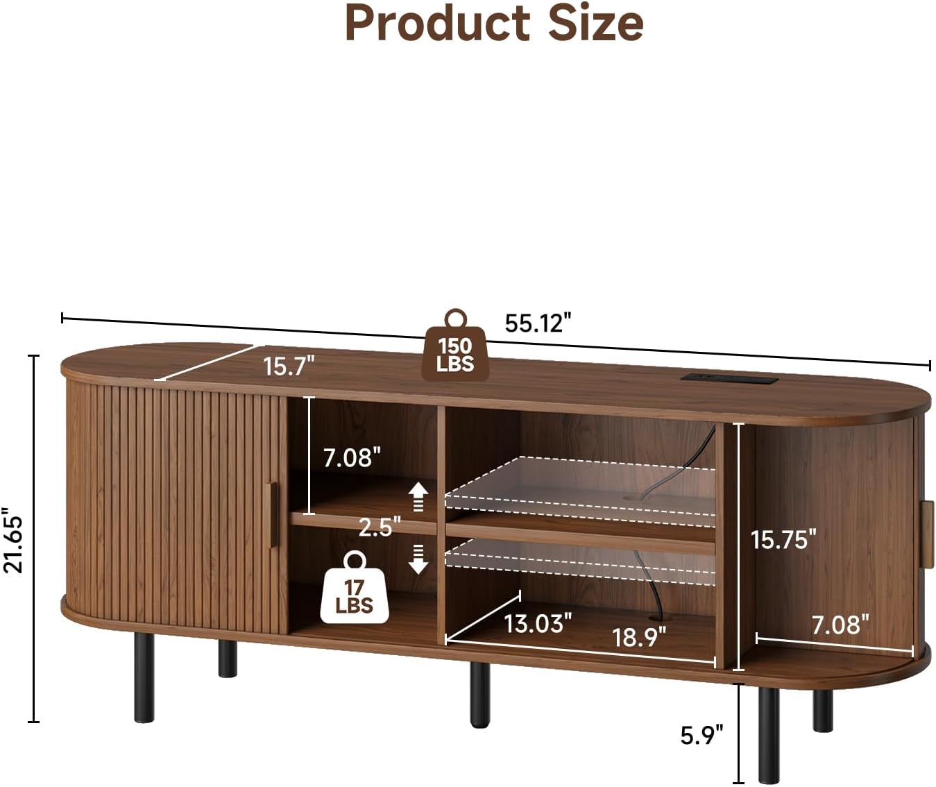 63" TV Stand with Storage for TVs up to 70", Fluted Entertainment Center with Power Outlet, Modern Media Console with Sliding Door, Adjustable Shelves (Walnut, 55 Inch)