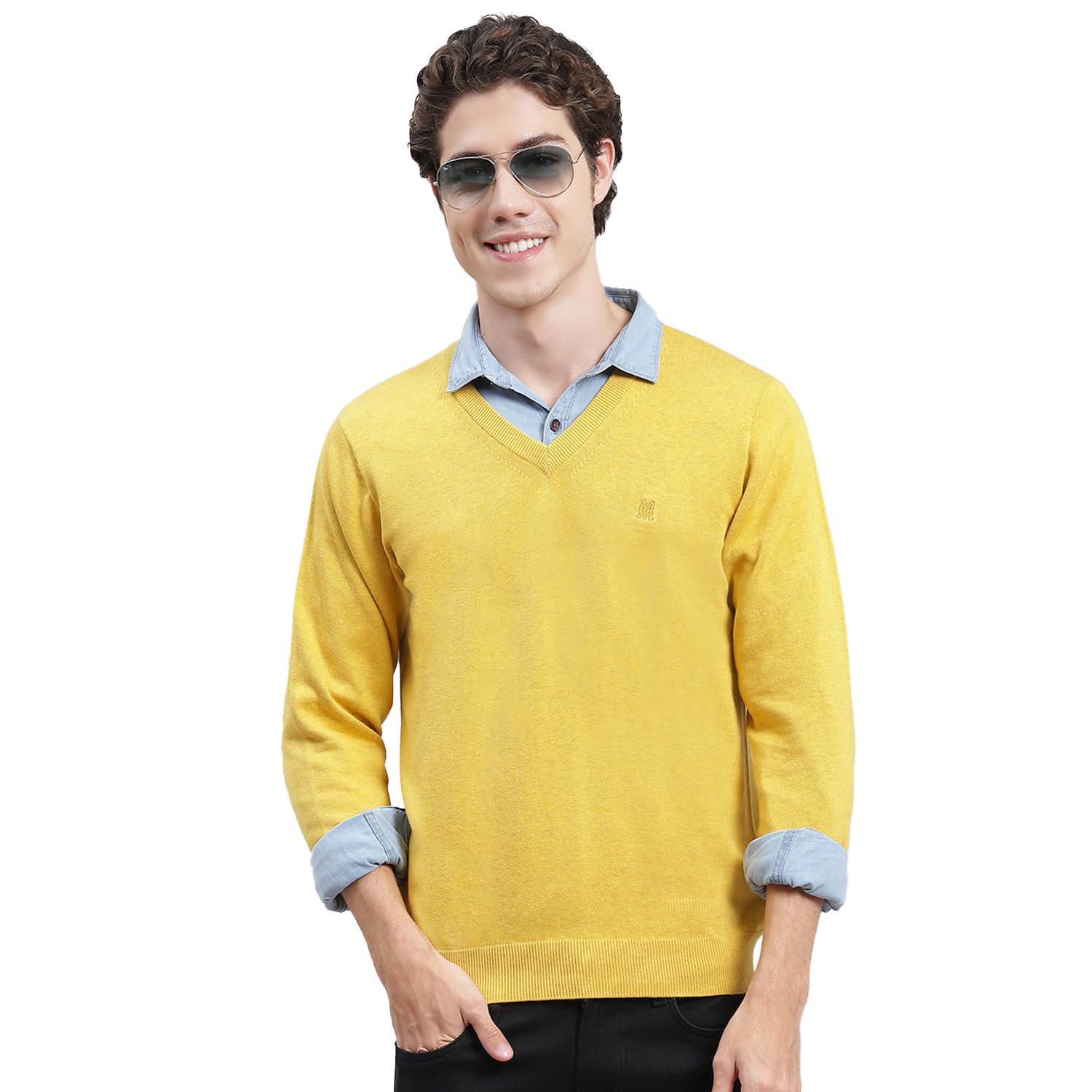 monte carlo Mens Solid Yellow V Neck Full Sleeve Pullover (1240550VN-382-40)-picture-25