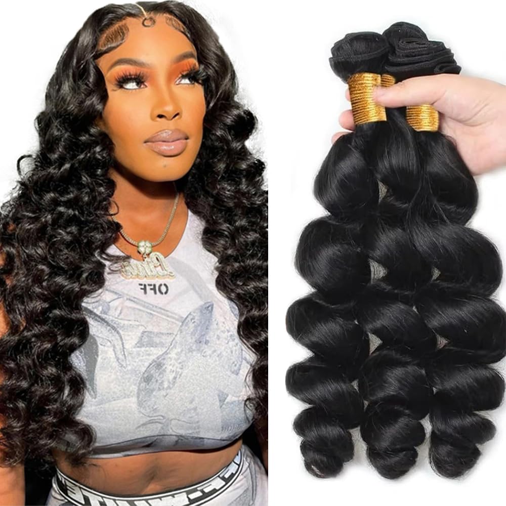 Photo 1 of 26 28 30 Inch Loose Wave Human Hair Bundles Natural Black Loose Wave 3 Bundles Unprocessed Virgin Remy Human Hair Bundles Loose Wave Hair Extensions 50 Gram Per Bundle