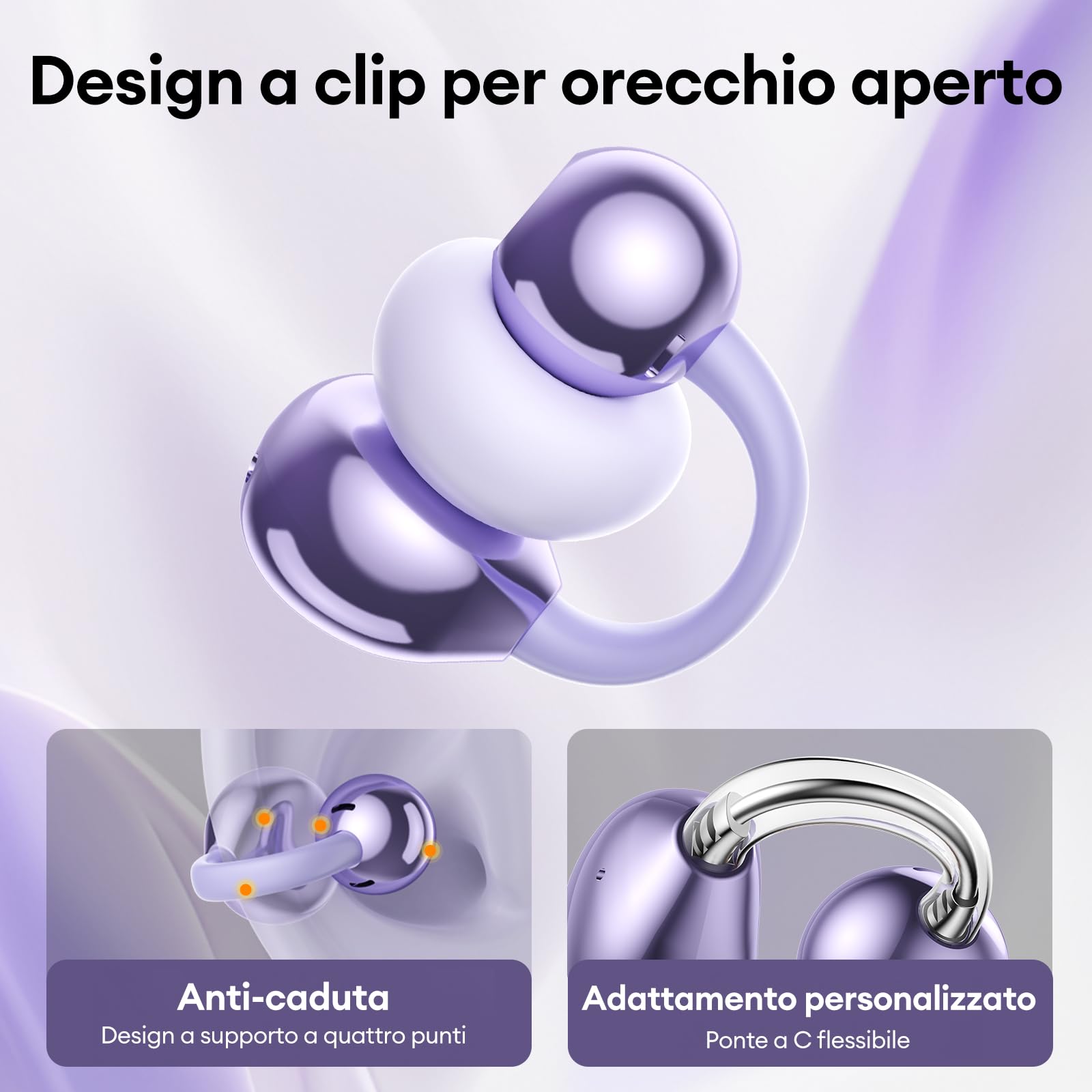 ZOMBIES CAT Auricolari Open Ear Clip-on con Schermo Touch Intelligente – Cuffie Bluetooth 5.4, Audio HiFi, Controllo Musicale & Volume, Auricolari Bluetooth per Sport,M100 Viola