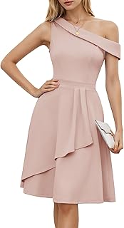 Women One Shoulder Ruffle Wedding Guest Dress Spring A Line Wrap Knee Length Cocktail Formal Dresses with Pockets