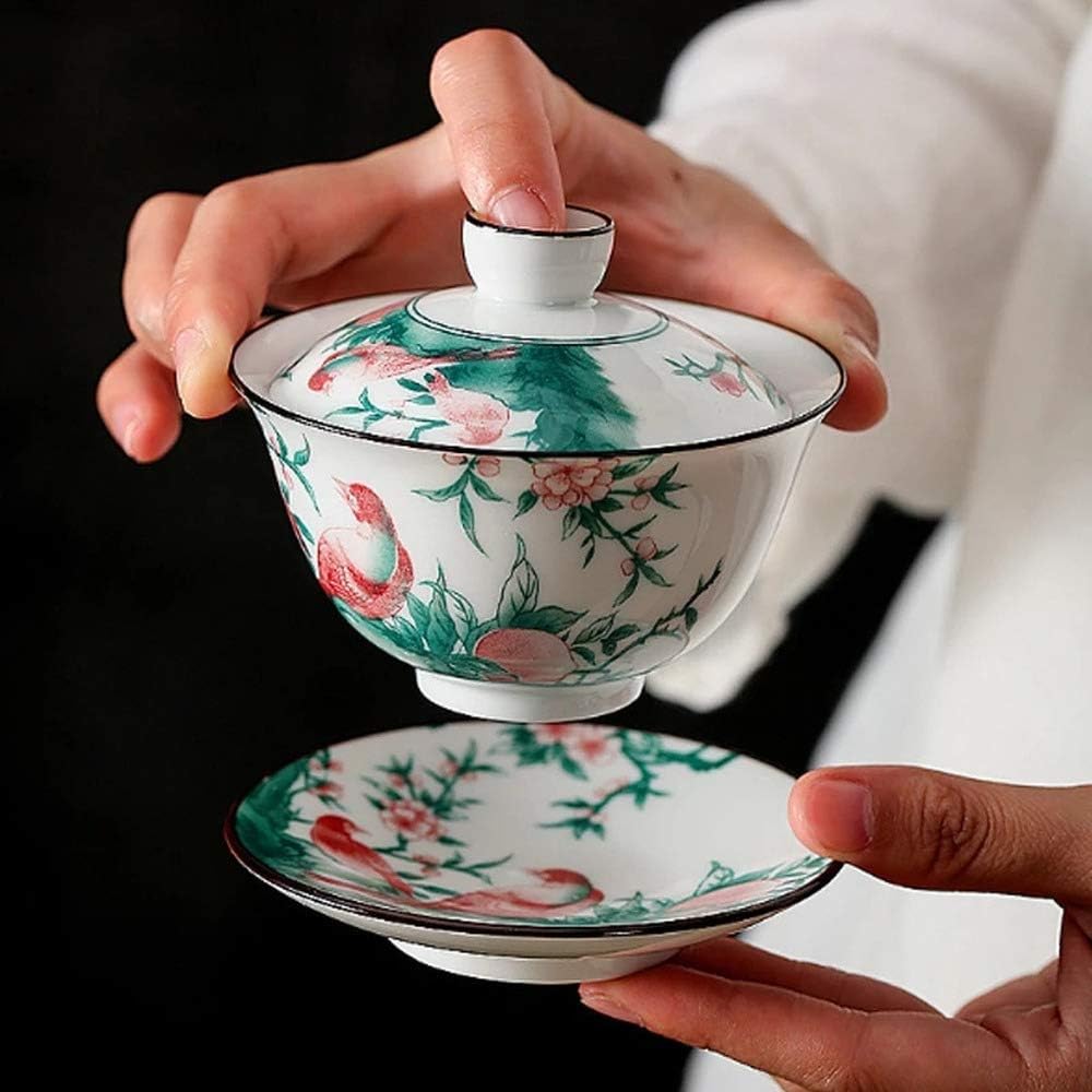 Chinese Traditional Tea Bowl,Jingdezhen Gaiwan Multicolor Branch Bird Tureen Ceramic Tea Cup Bowl Home Decor Teaset
