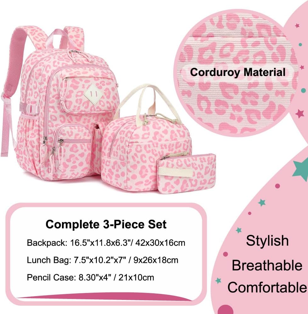 Corduroy 3-Piece Backpack Set for Girls Boys School Bookbag, Kids Backpacks with Lunch Box and Pencil Case (Ages 8-18)-Pink Leopard