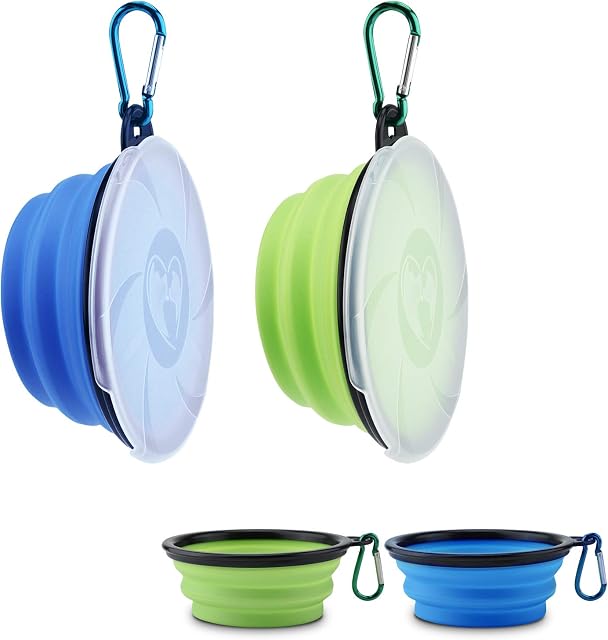 SOSPIRO 2Pcs Collapsible Dog Bowl with Lid 450ML Portable Pet Feeding Watering Travel Bowl Foldable Silicone Pet Bowl for Small Pets Dogs Cats Travel Camping Walking