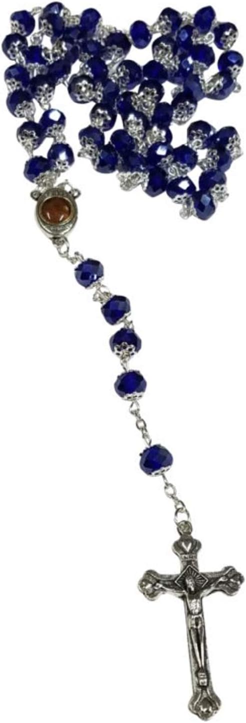Bethlehem Gifts TM Deep Blue Crystal Beads Rosary Catholic Necklace Holy Soil Medal & Crucifix - Image 2