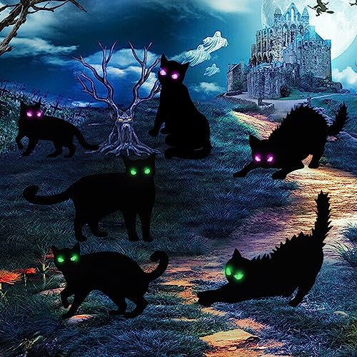 6 Pack Halloween LED Glowing Eyes Black Cat Glow in The Dark with Lights Outdoor Outside Halloween Decorations Scary Yard Signs Garden Decor Lawn for Pathway Stake Waterproof Thickened Silhouette