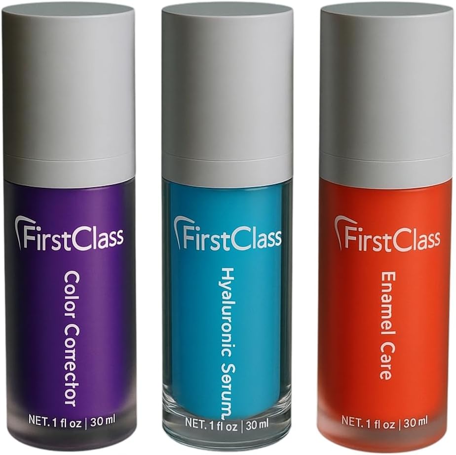 F1rst Class Teeth Whitening Kit, 3 Piece Set with Color Corrector, Hyaluronic Serum, Enamel Care, 1 fl oz Each