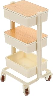 LOGOFUN Miniature Dollhouse Handcart Mini Shopping Cart 3 Layers Storage Display Shelf with Wheels for Dollhouse Kitchen Furniture Decoration - White