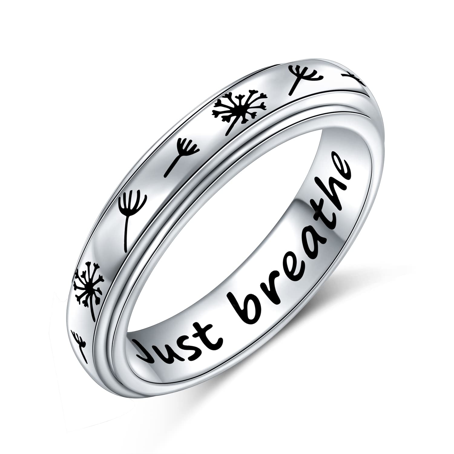 Just Breathe Spinner Ring for Women Girls 925 Sterling Silver Dandelion Fidget Rings for Anxiety Stress Relieving ADHD Autism Rings Inspirational Boho