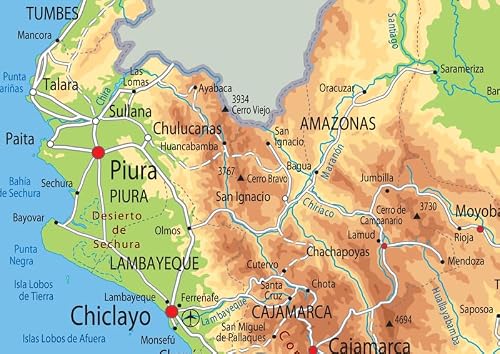 Mapa fizyczna Peru - laminowany papier (A1 rozmiar 59,4 x 84,1 cm)