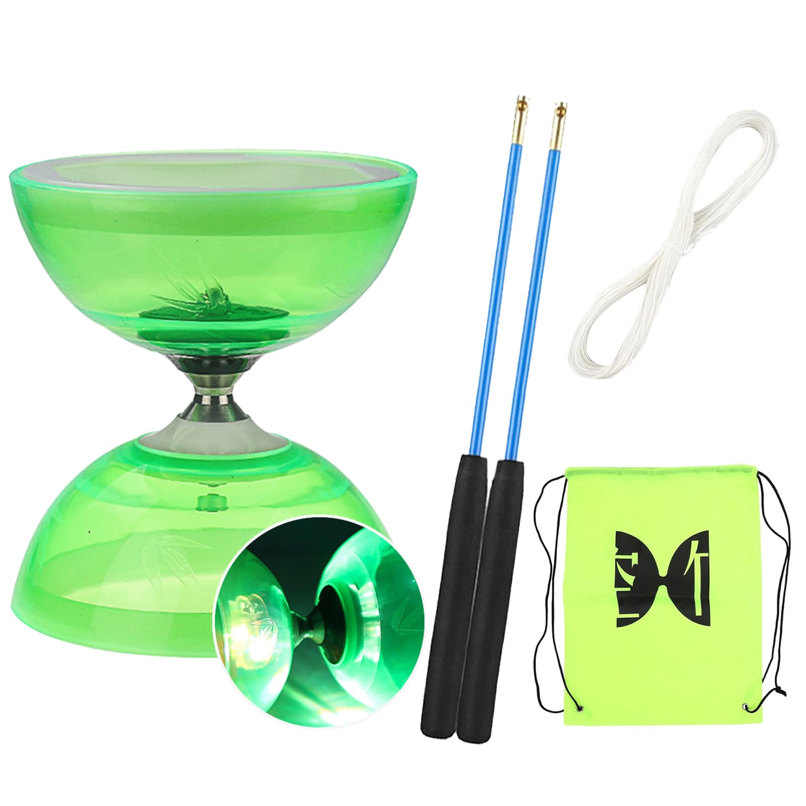 TopHomer Triple Bearing Diabolo Set with LED Flashing Light - Professional Sticks, 10m Spare String and Mesh Carry Bag, Ball Bearings Juggling Set for Kids, Green โ image 1