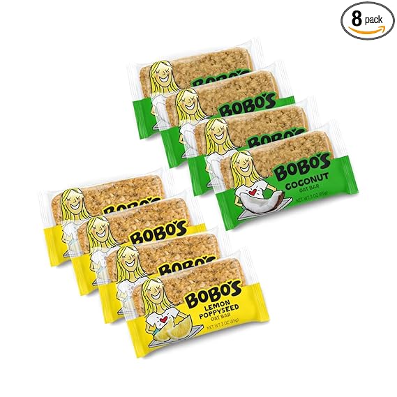Bobo's Oat Bar Fruit Flavored Multipack, 4 Lemon Poppyseed and 4 Coconut, Great Tasting Healthy Snacks for the Whole Family (8, Fruit Multi)