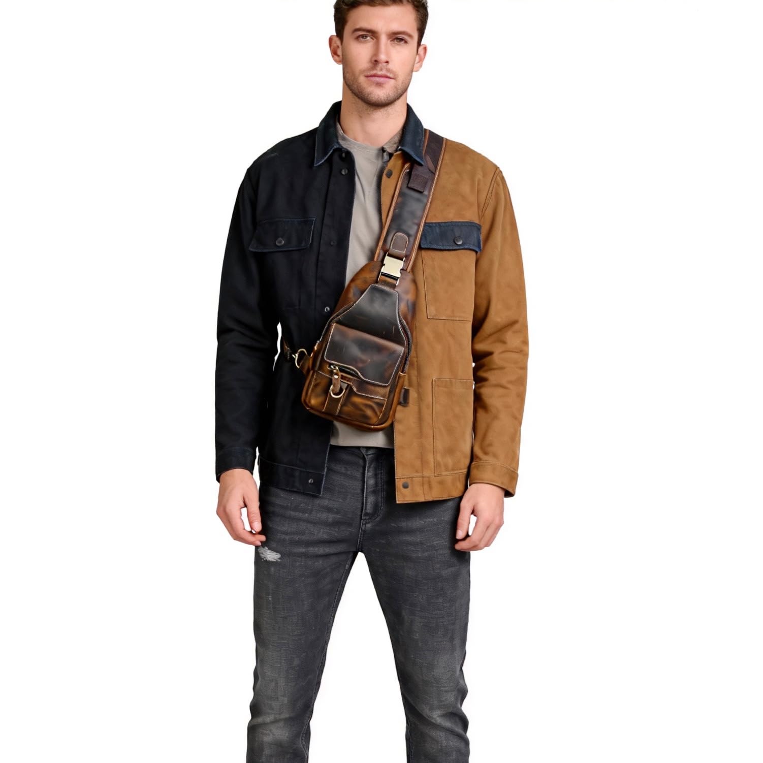 Gruby szalony koń skórzana trójkątna torba na ramię crossbody torba podróżna na jedno ramię plecak na co dzień dla mężczyzn mężczyzn 3028, 100% prawdziwa skóra-8013 kawa, m