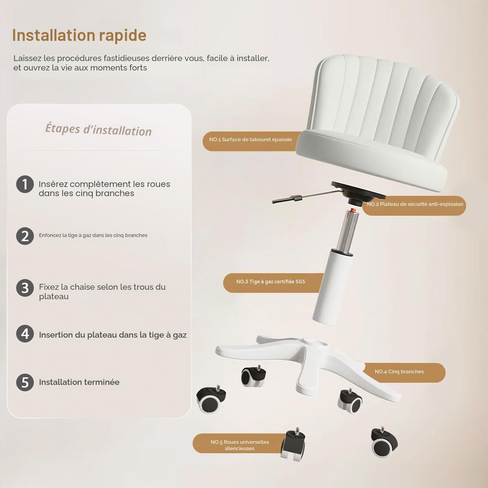 Petite Chaise de Bureau Ronde à roulettes sans accoudoirs Chaise d'ordinateur Confortable avec Dossier Bas en Cuir PU Hauteur réglable Chaise de Travail pivotante Spa