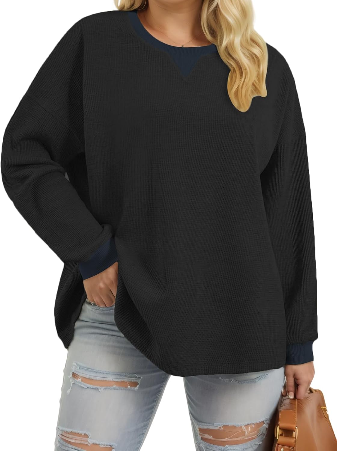 VISLILY Womens-Plus-Size-Sweatshirts Trendy Color Block Casual Long Sleeve Tops Waffle Knit Oversized Shirts Loose Fit Tunics