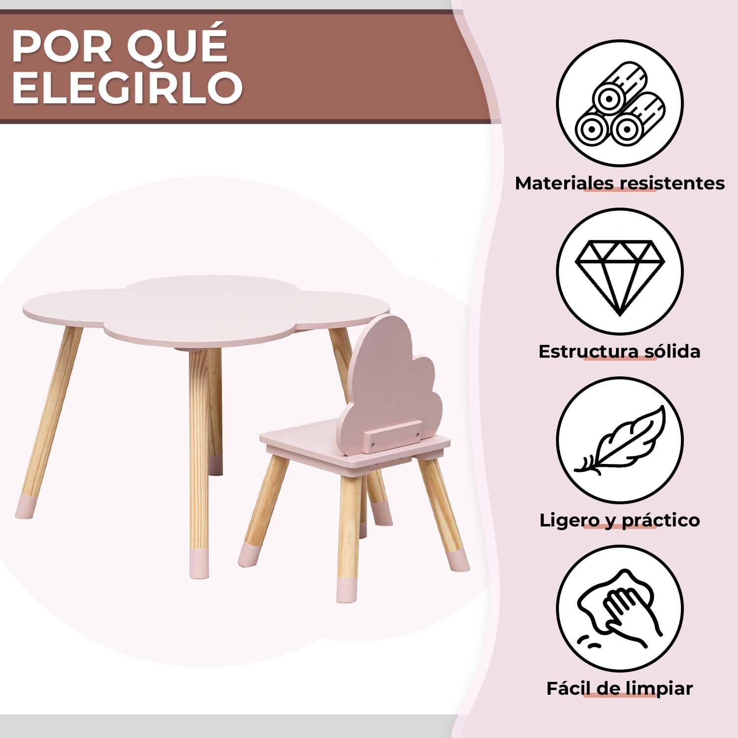 Rebecca Mobili Set de Mesa y 2 Sillas para Niños, para la Decoración de la Habitación de los Niños, Rosa Marrón, MDF Pino - Dimensiones: 44 x 60 x 60 cm / 50 x 25 x 25 cm - Art. RE6899