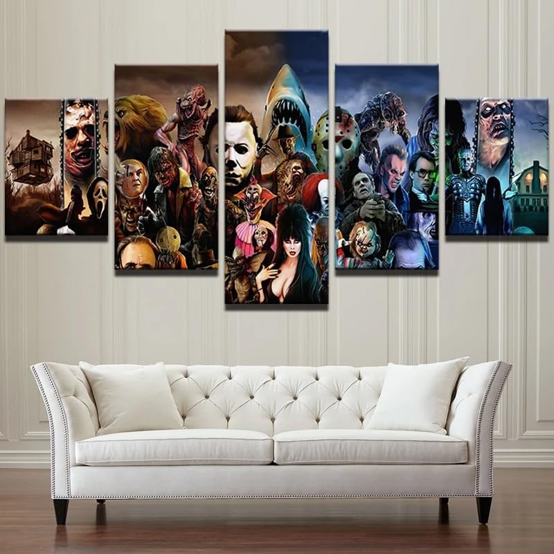 Tableau personnages de films d'horreur en 5 parties avec cadre bois pour decoration murale salon