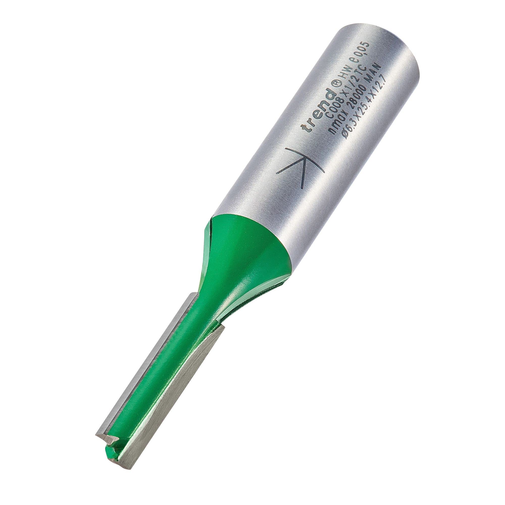 Trend Craftpro Straight Two Flute Router Cutter Bit, 1/2 Inch Shank, 6.3Mm Cut Diameter & 25.4Mm Cut Length, Tungsten Carbide Tipped, C008x1/2Tc