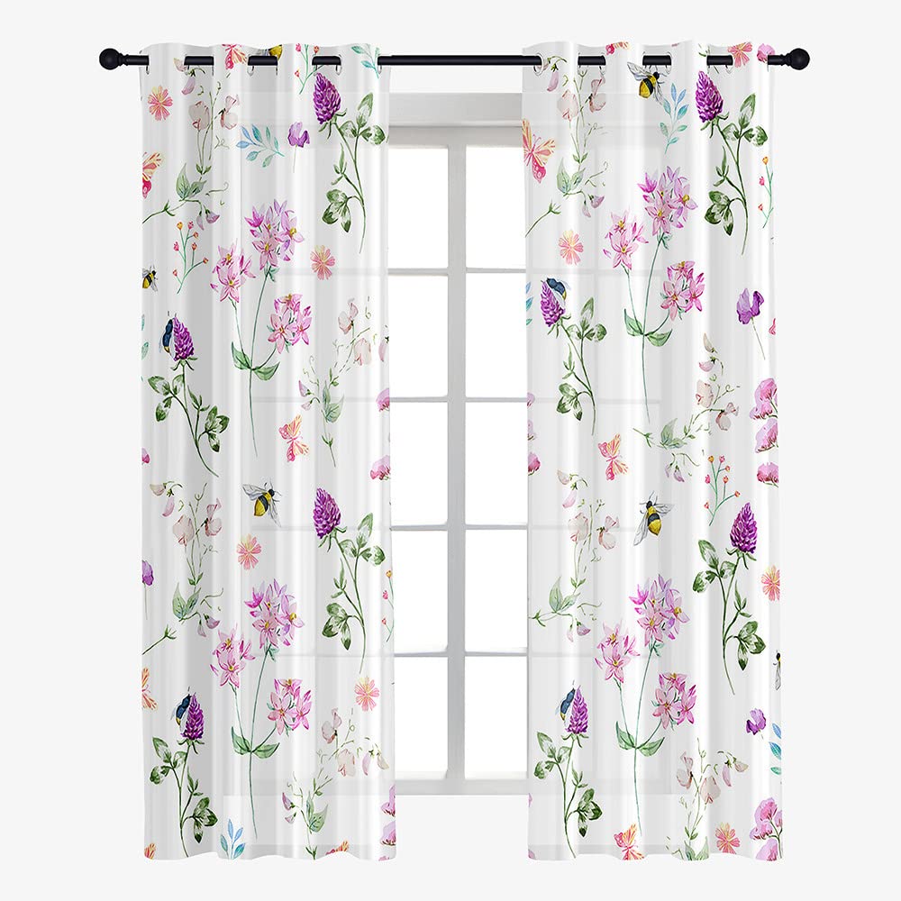 Hiseng Cortinas Salon Modernas 2 Piezas, Cortina Translucidas Estampado Floral 3D con Ojales, Visillos Cortos para Dormitorio Cocina Ventanas Comedor Habitacion (140x160cm,Flor Purpura)
