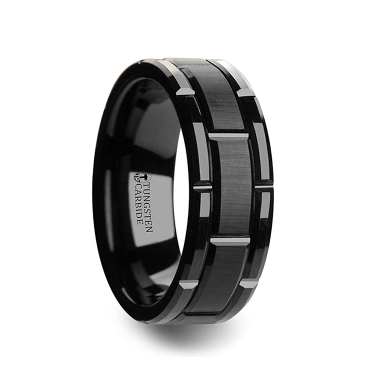 Windsor Tungsten Ring Comfort Fit Beveled Black Wedding Band with Brush Finished Center and Alternating Grooves - 8mm Wide