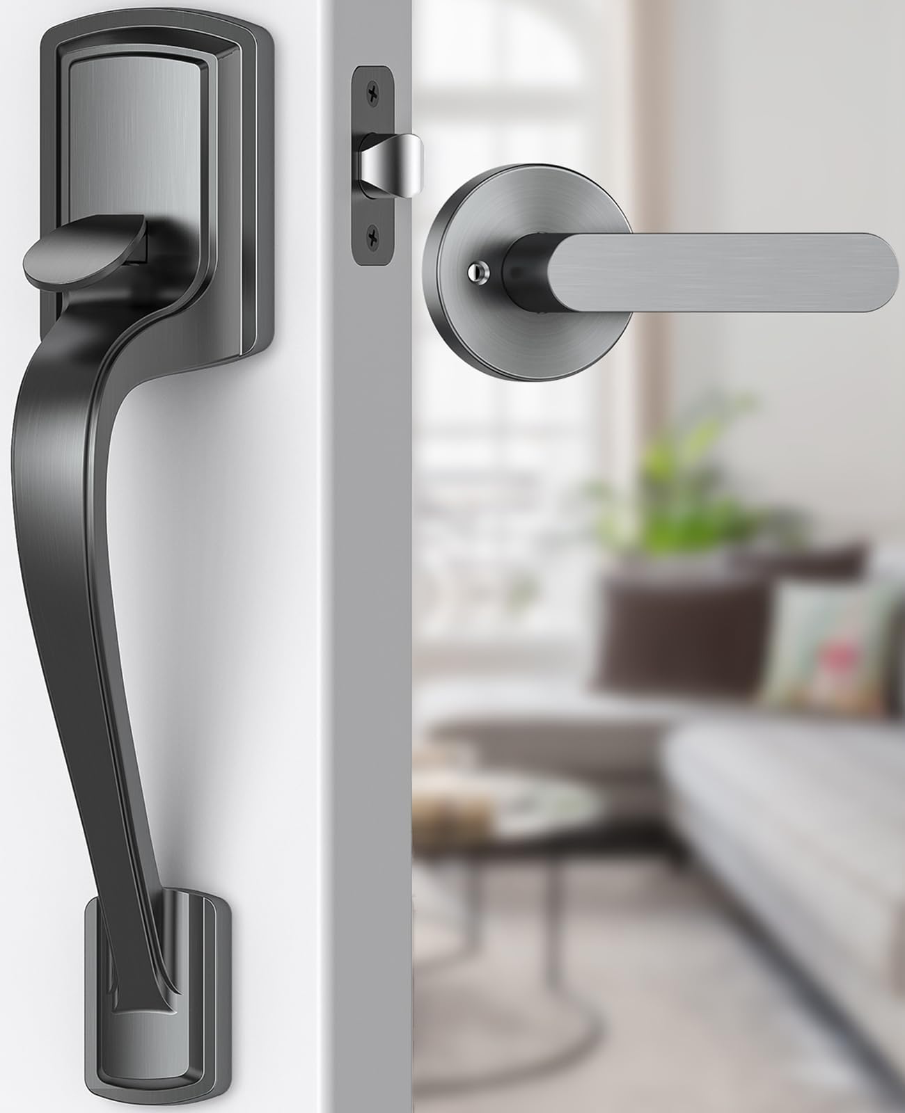 Grey Front Door Handle No Lock, Heavy Duty Front Door Lock Set