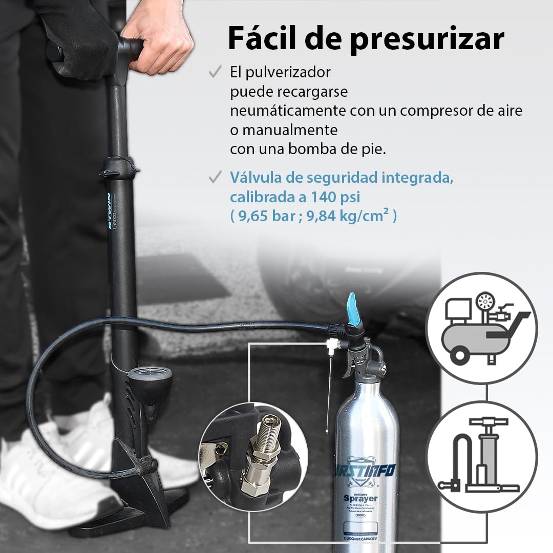 FIRSTINFO A1638L | Pulverizador recargable de aluminio 1 L | Envase vacío tipo aerosol | Presión máxima 140 PSI | Con boquilla de doble vía | Herramienta para mantenimiento y lubricación