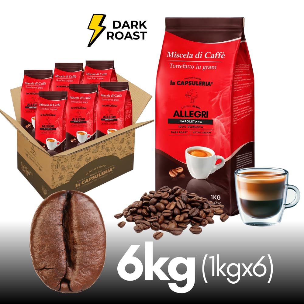 CAFÉ EN GRANO ALLEGRI NAPOLETANO (6 kg) - 100% Robusta | Pack 6 kg (6 x 1 kg) | Café en grano 100% Robusta, tostado en Italia, fuerte, intenso y con cuerpo