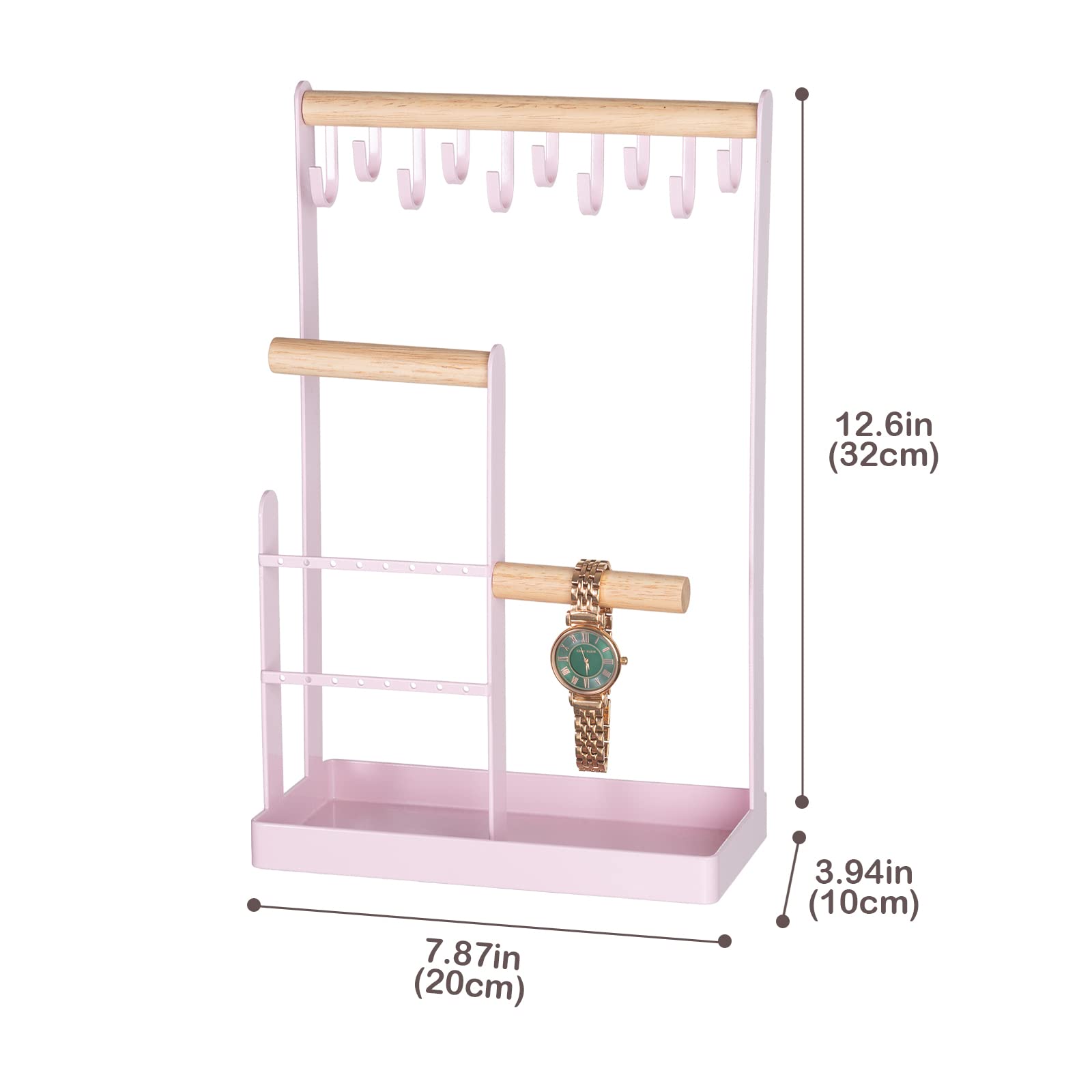 ProCase Jewelry Stand Holder Organizer, 4-Tier Necklace Holder with Ring Tray, 10 Hooks Necklaces Hanging Small Jewelry Display Storage Tower Tree for Bracelets Earrings Watches -Medium, Pink