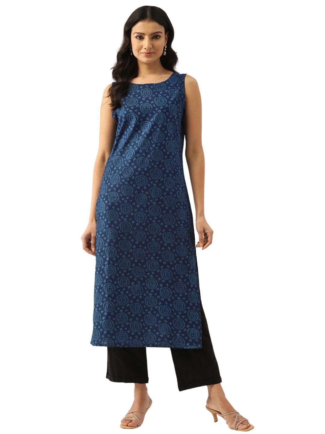 feranoid Unique Printed Round Neck Sleeveless Long Straight Kurti