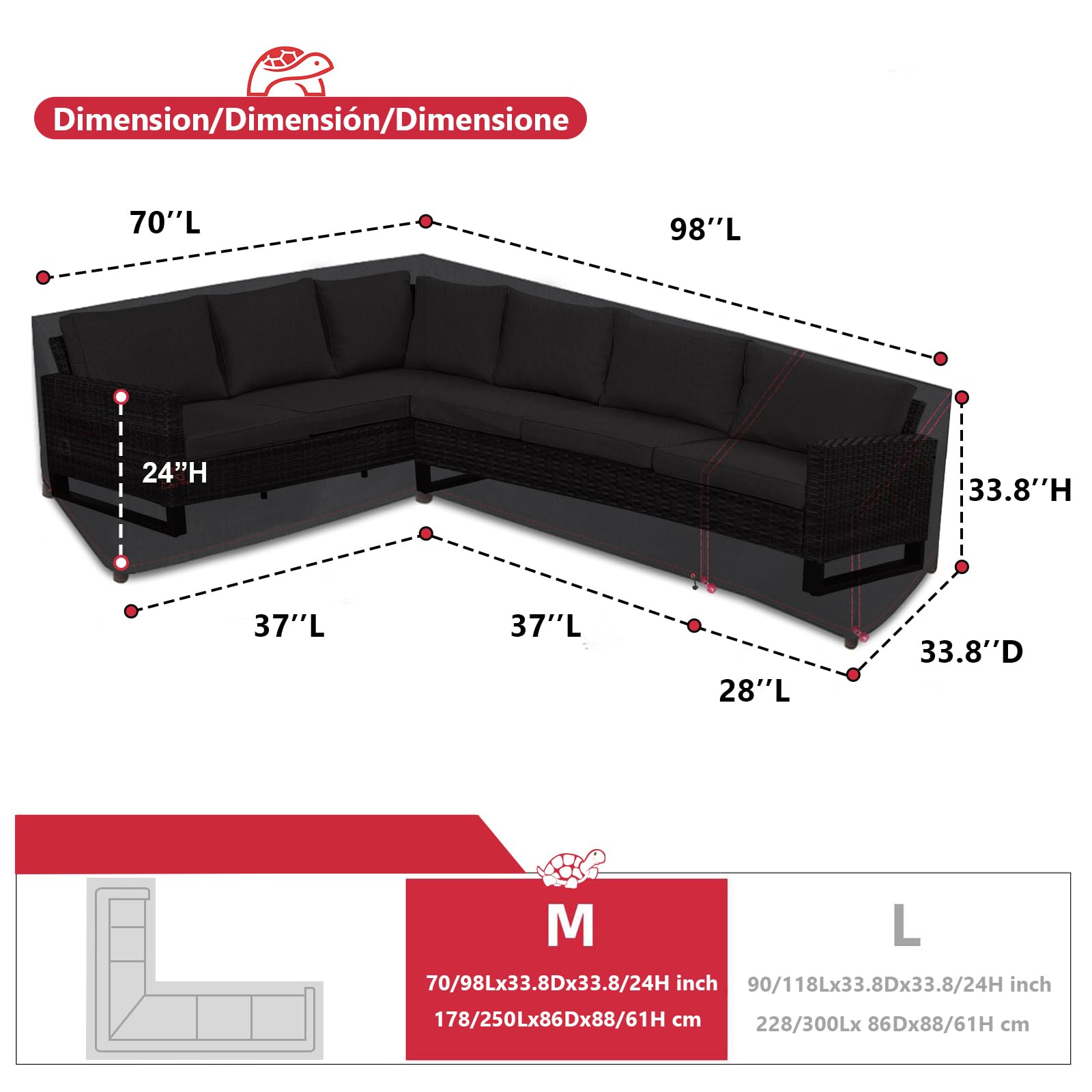 Turtle Life Housse de canapé de jardin en forme de L - Imperméable - Pour canapé d'angle - En forme de L - Noir - En forme de L - 178 cm + 250 cm (droite)