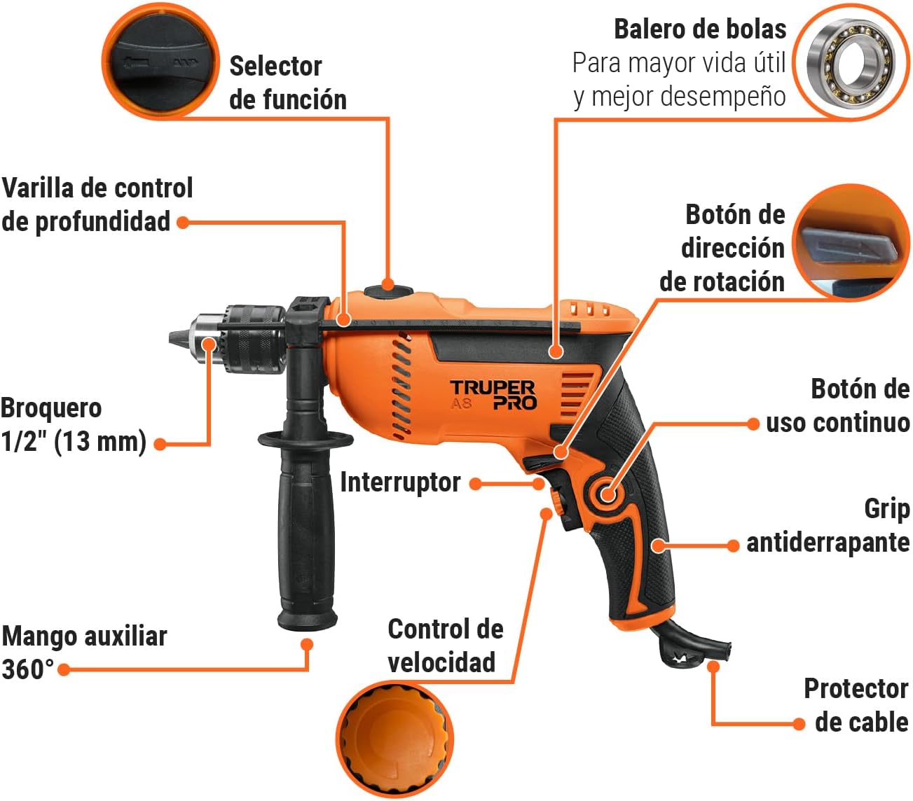 Truper 1/2" Professional 700W Rotary Hammer Drill, 110V, 5A, Orange