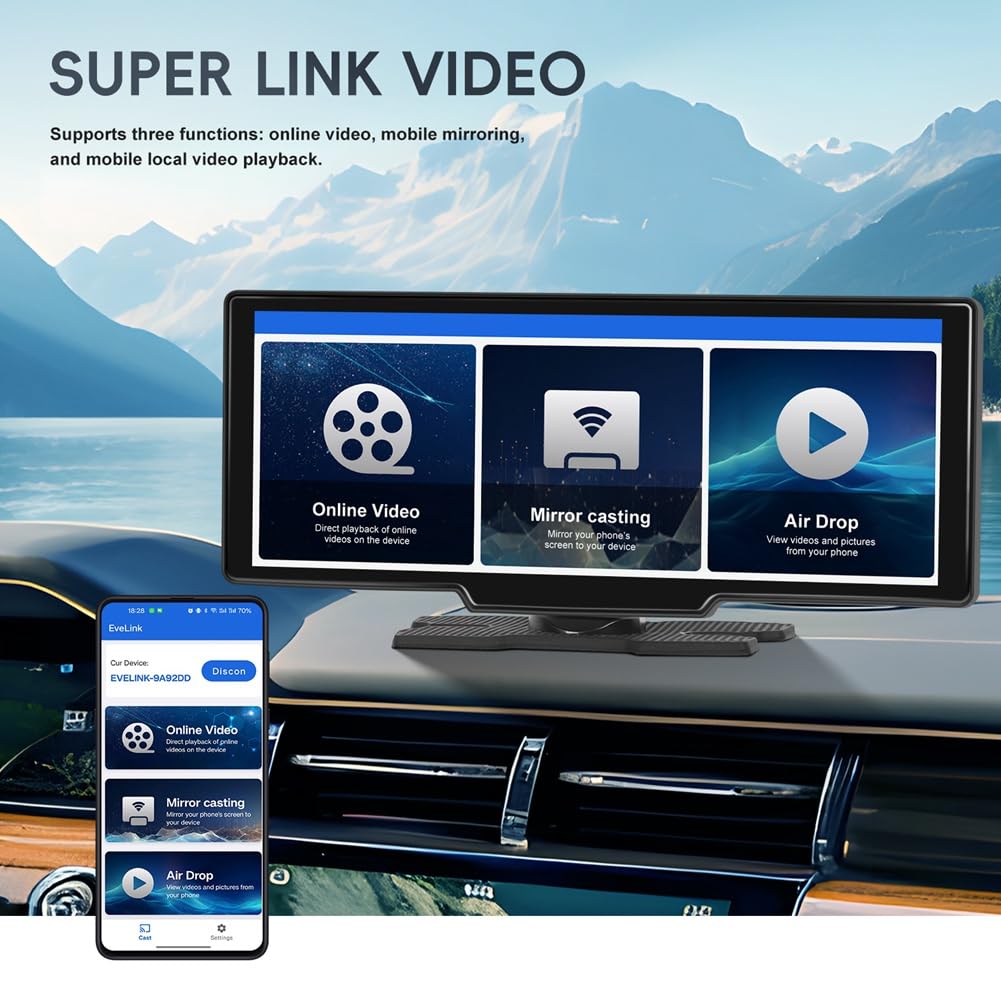 Monitor Auto 10,26 Pollici CarPlay Android Auto Schermo HD Bluetooth Trasmettitore FM Lettore Video