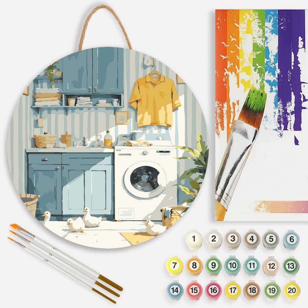 Cute Paint by Numbers Kit for Adults - DIY Ducks Walking Around Laundry Room Painting on Canvas 16x20In, Framed Acrylic Paint Set, Suitable for Beginners, Quirky Art for Home Decoration or Gifts