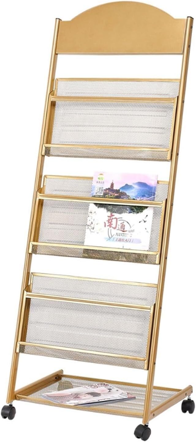 3-Layer Floor Standing Magazine Rack with Wheels, Metal Brochure Display Stand for Exhibitions, Office, & Public Spaces (White)(Gold) (Gold)