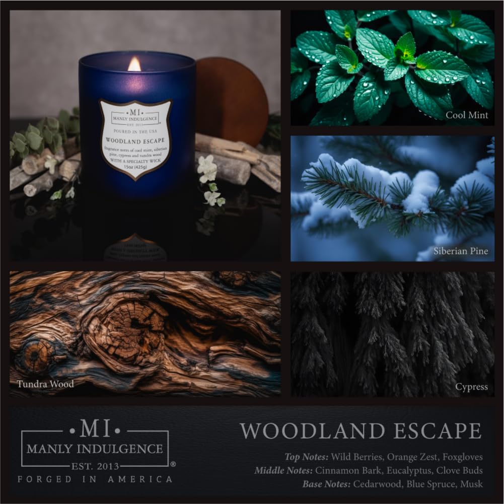 Manly Indulgence Woodland Escape – Bougie de printemps à mèche en bois de 425,2 g pour homme | Bougie parfumée au cyprès, musc et bois de cèdre | Cire mélangée de soja durable | Durée de combustion de