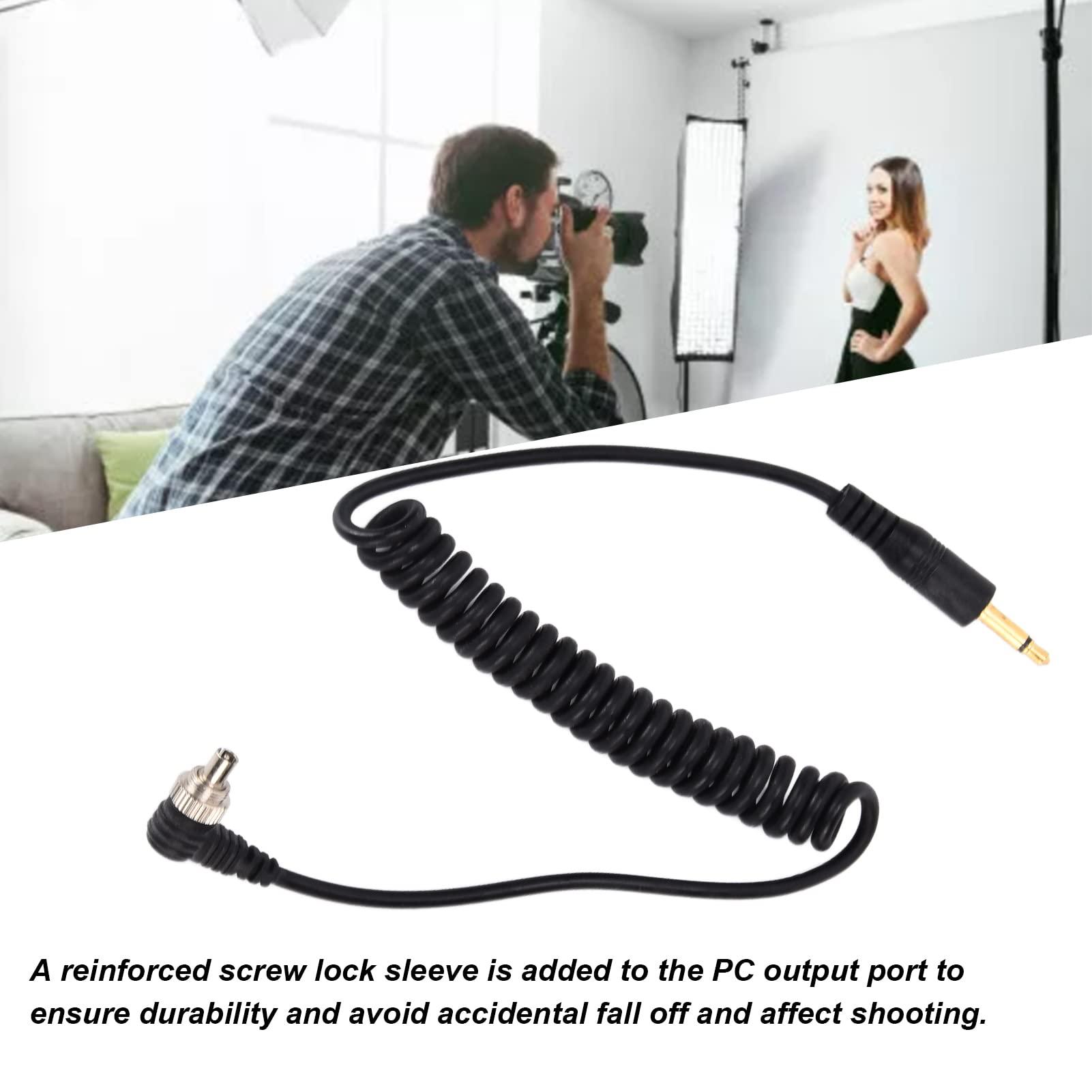Kabel Lampy Błyskowej Akozon, 2 szt. Uniwersalna Błyskowa 3.5mm na męską Kabel do Synchronizacji z Komputerem Błyskowa Zwijany Kabel z blokadą śrubową do Aparatu