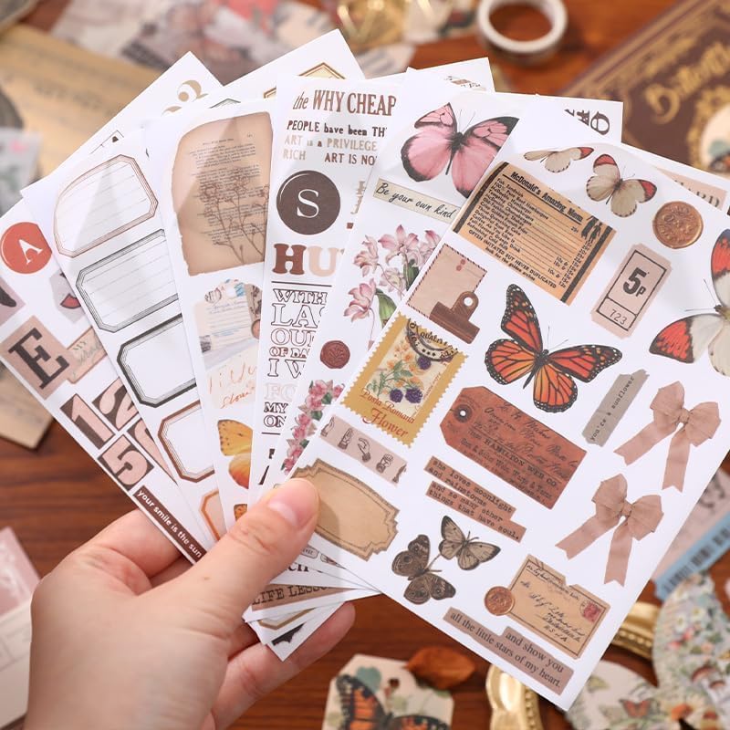 Image of MGNLR Paper Vintage Aesthetic Scrapbook Kit(346Pcs) Scrapbooking Supplies Kit with Bullet Junk Journal,Stationery,A6 Grid Notebook Journaling Gift for Girl (Brown Nature Butterflies)