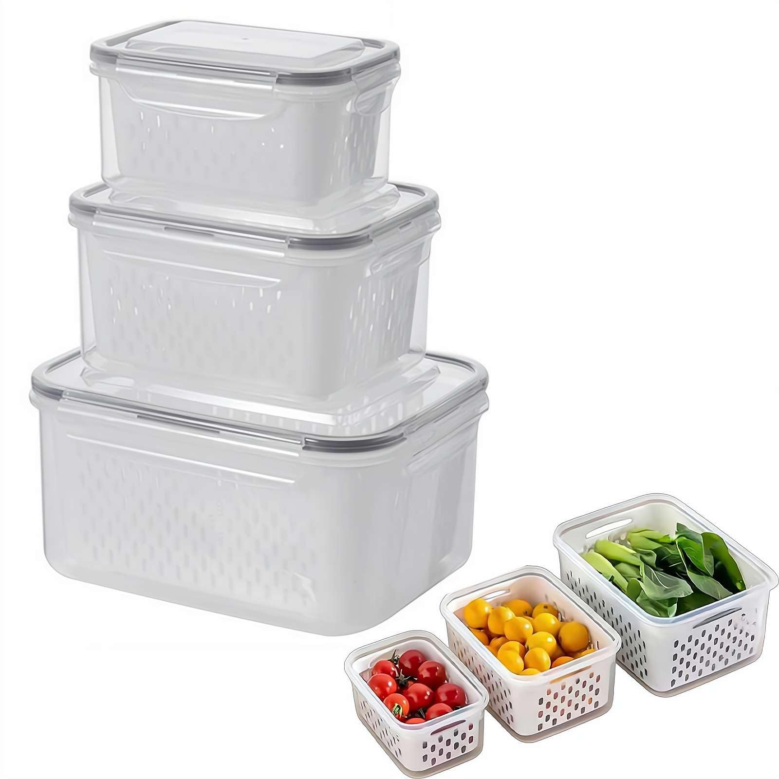 4-in-1 stapelbarer Frischhaltedose mit abnehmbarem Ablaufkorb – Kühlschrank Obst & Beeren Frischhaltebox, waschbarer Abtropfbehälter für Küche, Zuhause und Mahlzeitenvorbereitung