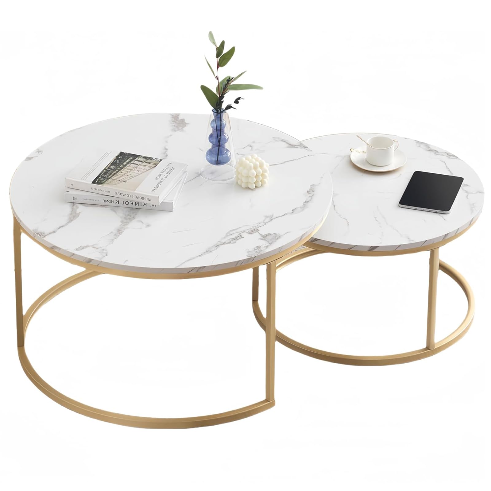 Tavolino rotondo effetto marmo, set da 2 tavolini da salotto e tavolino per soggiorno, Ø 80 x 45 H cm e Ø 60 x 35 H cm (bianco e oro)