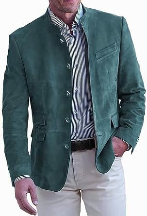 Mens Vintage Faux Suede Blazer Jacket Stand Collar Sport Coat Casual Classic Retro Single Breasted Suit Jackets